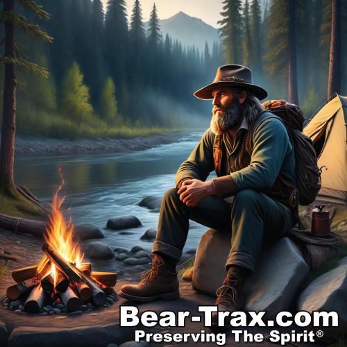 mountain man at fire next to river