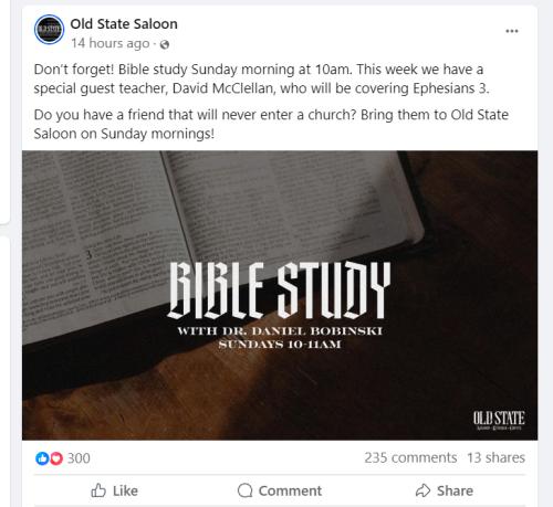 The Only Saloon in the world with Sunday Morning Bible Study