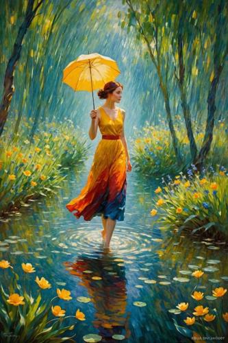 Woman in rain with umbrella in nature