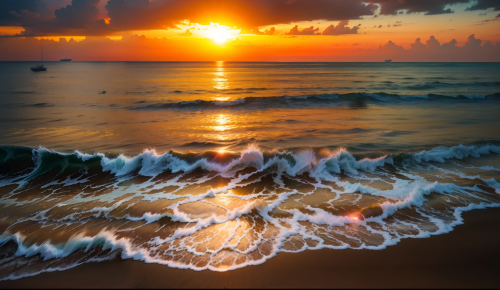 Orange sunset beach with foam