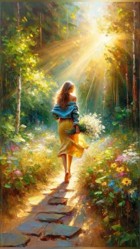 Woman with flowers in sunny garden