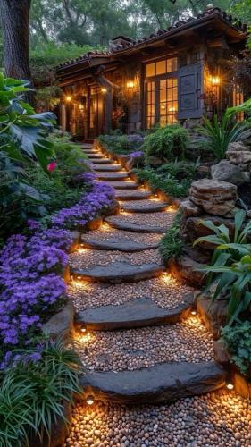 Lighted walkway to cabin home