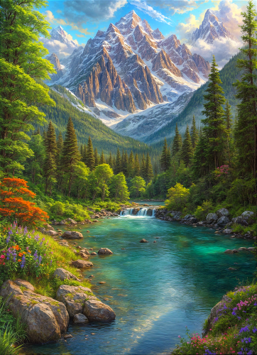 Snowy mountain and river