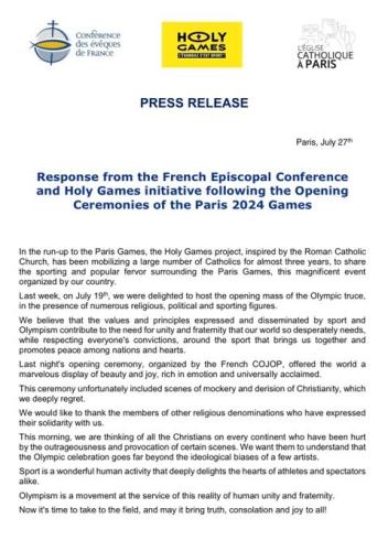 Apology letter from Paris Episcopate for manifestation at the  2024 Paris Olympics