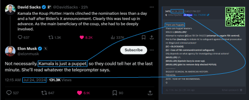 Elon Musk Tweets Kamala Harris Is Just A Puppet Lining Up With Q Drop From Same Day - July 24, 2024