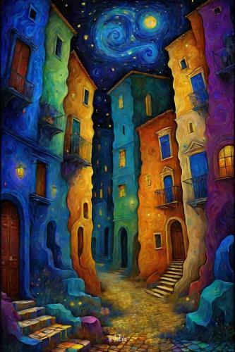 Colorful Spanish Buildings at night