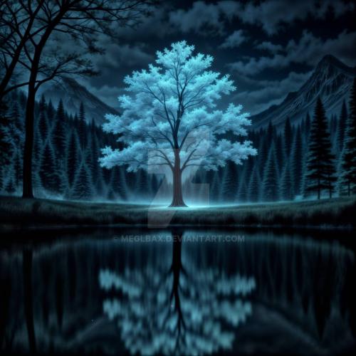 White snow tree reflections