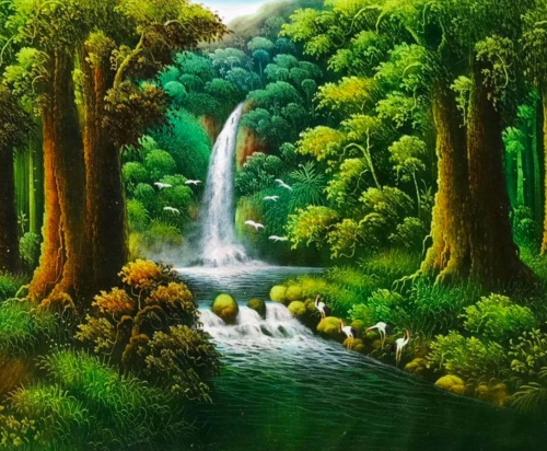 Green forest waterfall