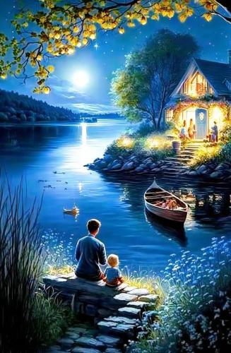 Kids chillin by the lake home at dusk