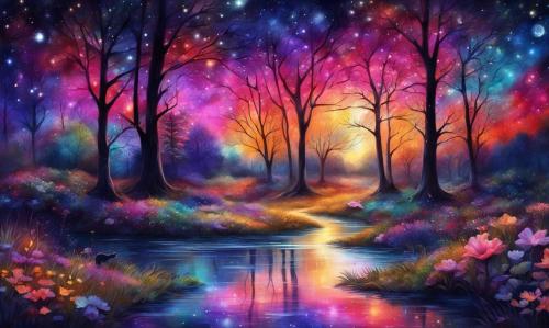 Mystical forest at dusk