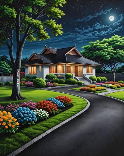 Colorful Suburban Home at Night
