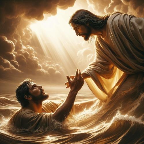 Jesus saving Peter in water