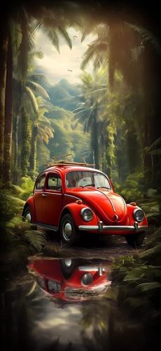 Red VW Bug in nature
