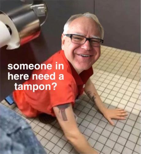 someone need a tampon tim walz crawling under stall boys room groomer