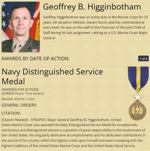 Major General Geoffrey B Higgenbotham USMC retired