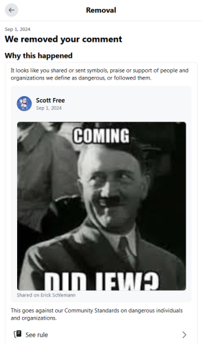 facebook censorship 9-1-24 nazi