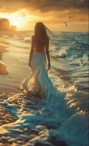 Woman walking on the beach waves