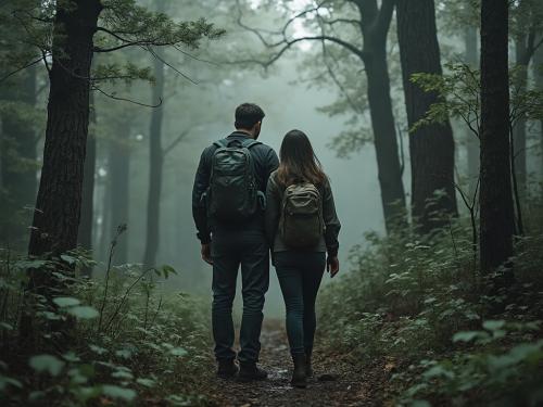 Couple walking through nature trail