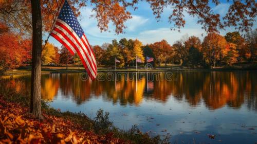 autumn-reflections-lake-create-tranquil-scene-american-flag-adds-patriotic-touch-to-beautiful-landscape-332233193