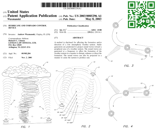 Patent US20030085296A1 Hurricane And Tornado Control Device