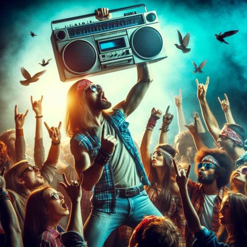 rock music setting our spirit free with a 1980s boom box and people gathered around listening to the music having a great time with friends