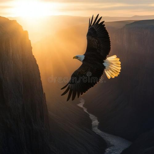witness-beauty-eagle-gliding-gracefully-over-canyon-sunrise-warm-light-enhances-scene-showcasing-339141351