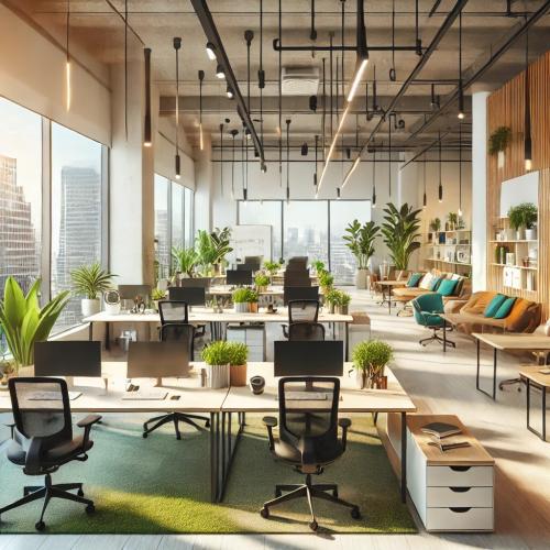 DALL·E 2024-11-18 08.42.08 - A modern and vibrant office space with an open layout, featuring sleek desks, ergonomic chairs, and a mix of natural and artificial lighting. Large fl