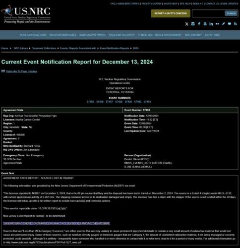 Radiocative Material Missing in New Jersey