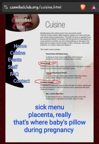 Cuisine human meat placenta liver https://www.cannibalclub.org/cuisine.html