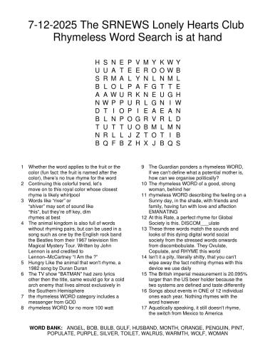 7-12-2025TheSRNEWSLonelyHeartsClubRhymelessWordSearchIsAtHand