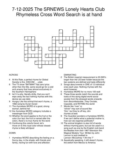 7-12-2025TheSRNEWSLonelyHeartsClubRhymelessCrossWordSearchIsAtHand