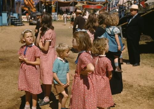 Girls at the Vermont State Fair in Rutland, Vermont, 1941, wearing their flour sack dresses.