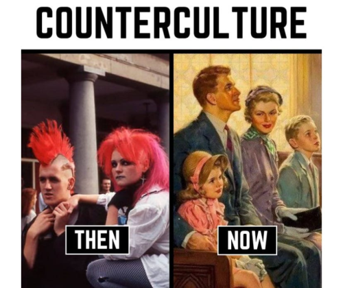 Counterculture 1960s, Traditional Natural Family values, Church, Punks, Drugs, God  -- Then vs. Now