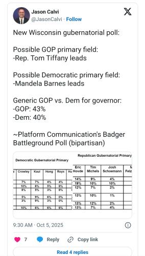 Pray for Wisconsin to turn RED TOM TIFANNY. https://x.com/JasonCalvi/status/1974844527283441812