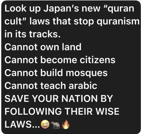Japan's Quran Cult laws Stops Pislam  Follow their lead NOW !