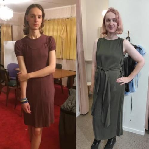Wearing dresses, seven years apart