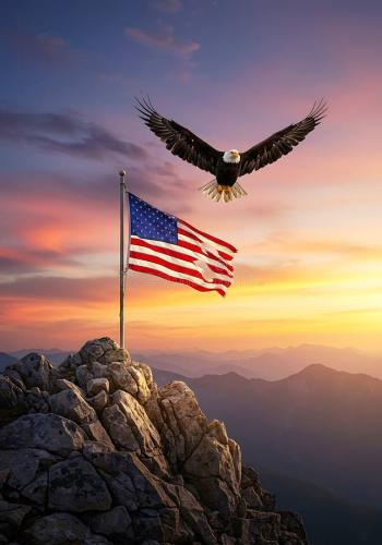 majestic-eagle-flies-over-american-flag-mountain-peak-sunset-bald-soars-sky-above-planted-rocky-400952589