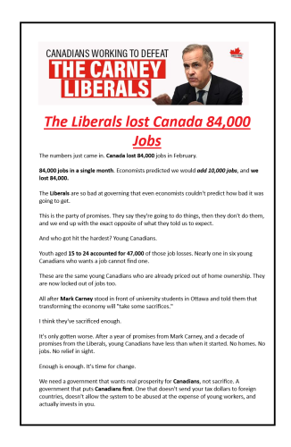 The Liberals lost Canada 84,000 Jobs