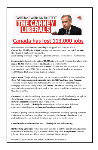 Canada has lost 113,000 jobs