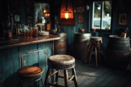 a-bar-with-wooden-stools-and-a-lamp-free-photo