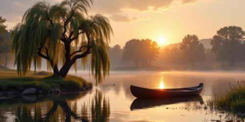 peaceful-riverside-with-weeping-willow-trees-and-a-small-wooden-boat-under-a-soft-golden-hour-free-photo
