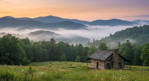 Alpine-Escape-feel-with-this-serene-image-of-misty-mountains-and-a-cozy-cabin
