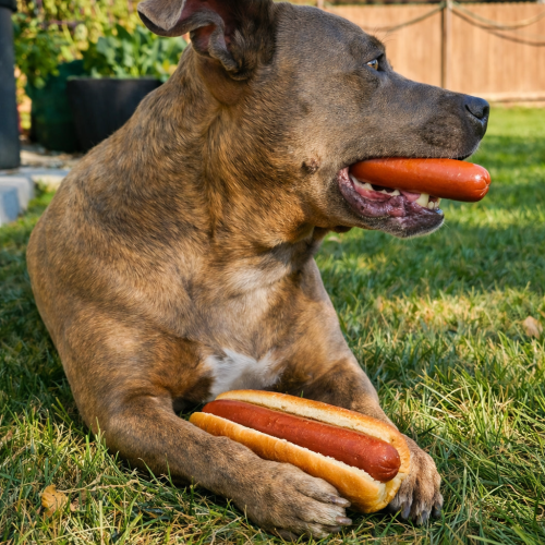 hot dog day dubs in yard with hotdog in mouth and paws