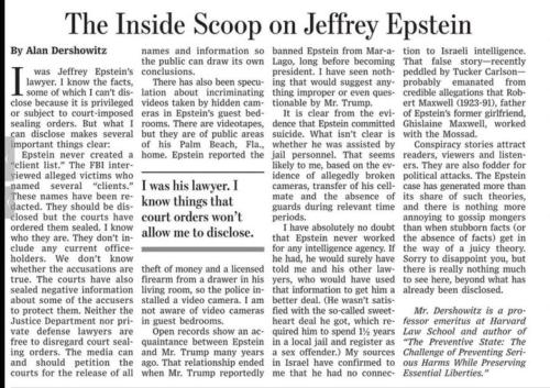 Dershowitz article Epstein 2025