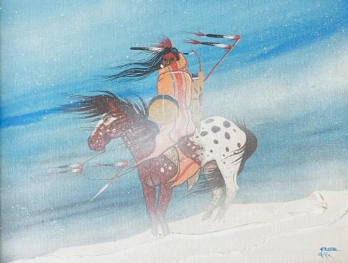 Rance_Hood_Traveling_Warrior_1985_15x18_Acrylic_on_Canvas__Signed_Twice