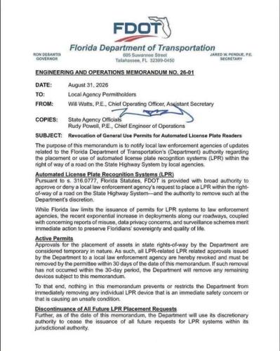 Florida Flock DOT memo