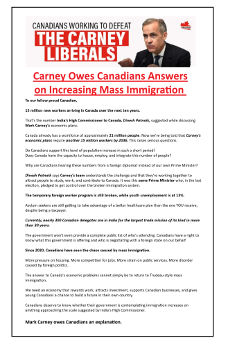 Carney Owes Canadians Answers on Increasing Mass Immigration 